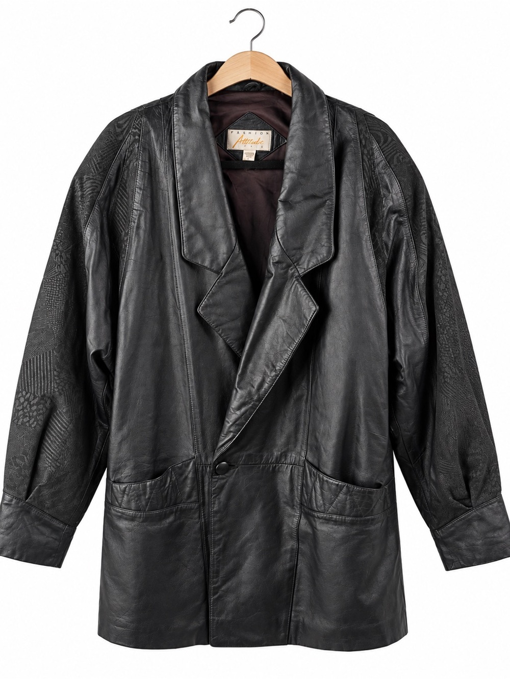Vintage Fashion Attitudes Black Genuine Leather Oversized Blazer Jacket L